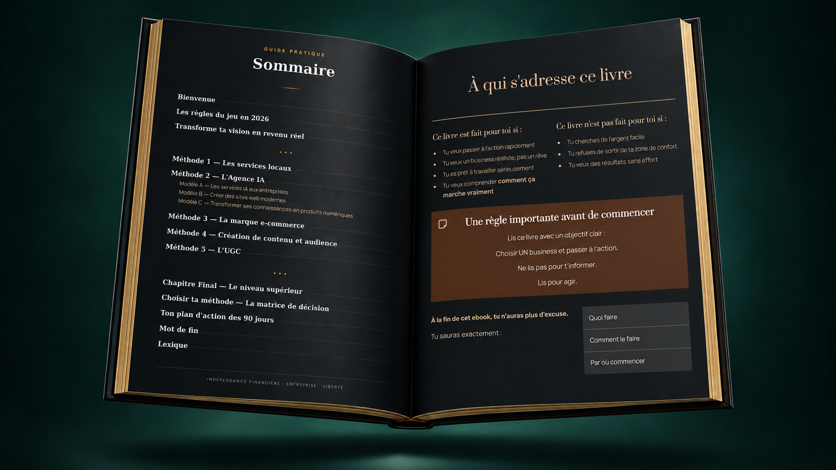 Livre ouvert en lévitation montrant le sommaire et le plan d’action des 90 jours